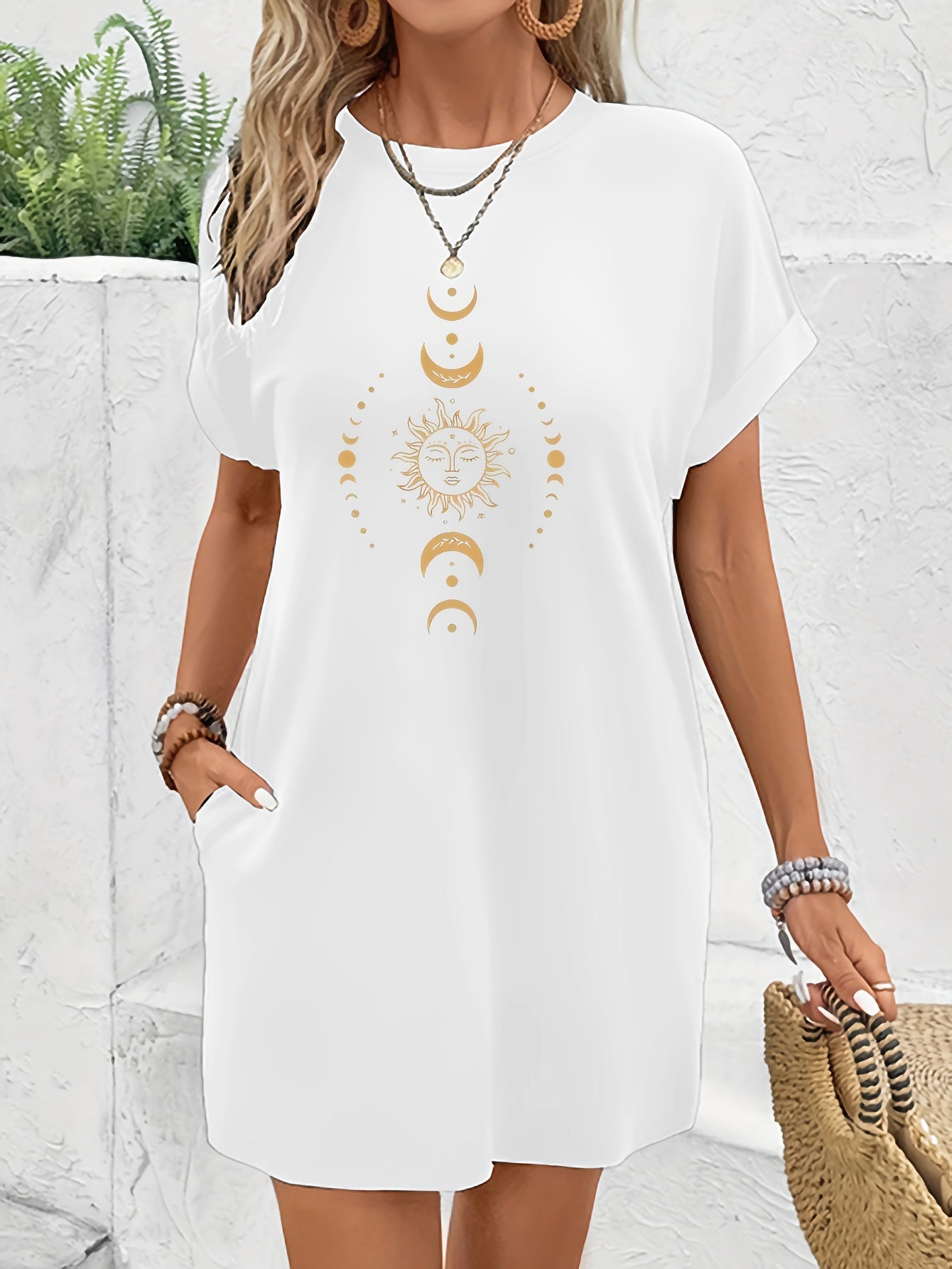 Women's Printed Crew Neck Shirt Dress - Short Sleeve – Black option – main product image