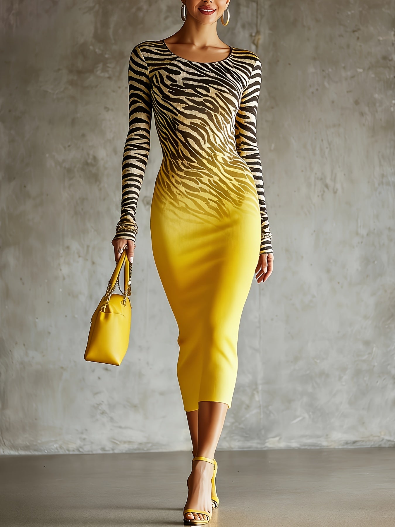 Women's Printed Midi Bodycon Dress - Long Sleeve detail view