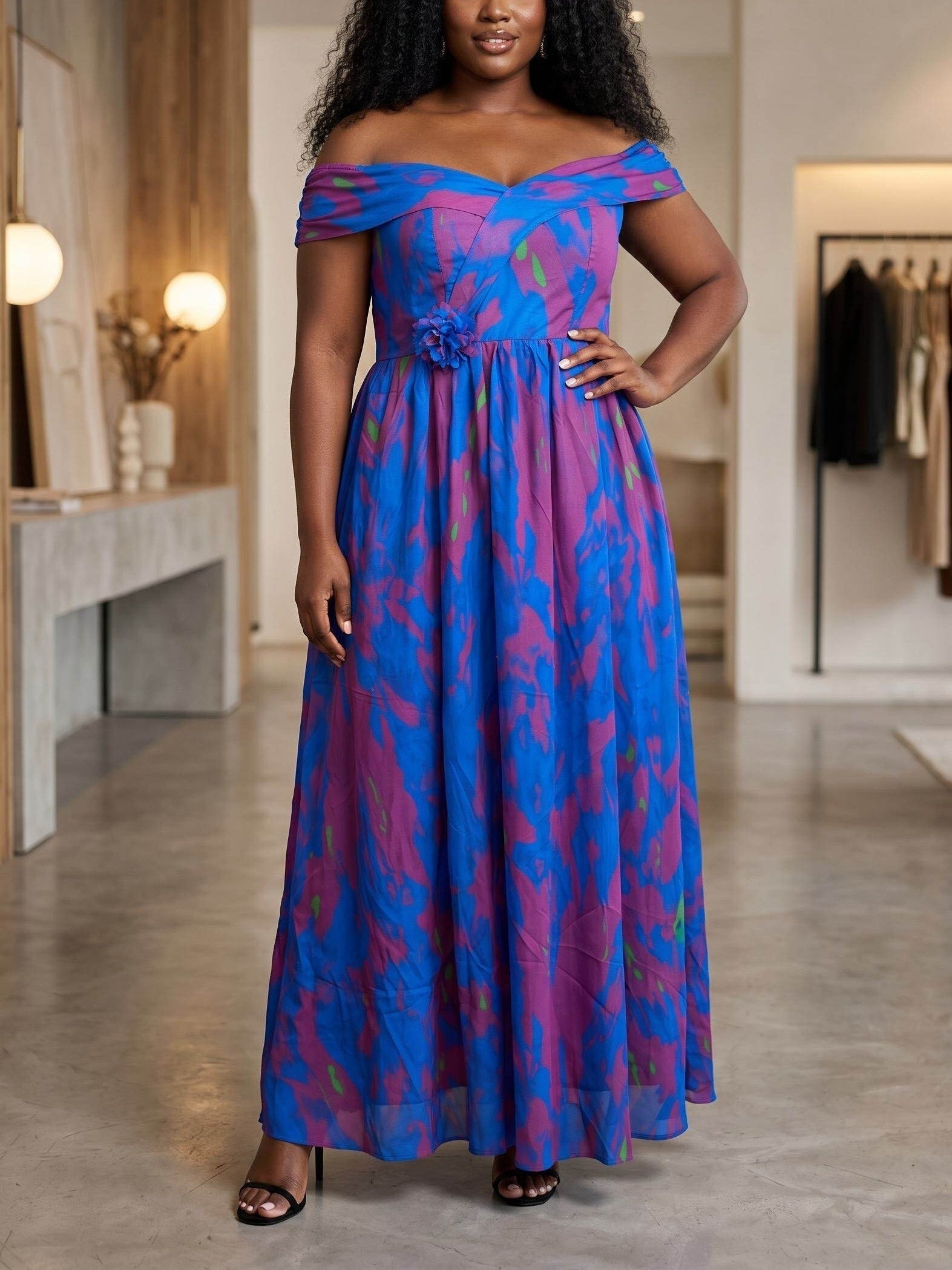 Women's Printed Off Shoulder Evening Dress - Event Style detail view