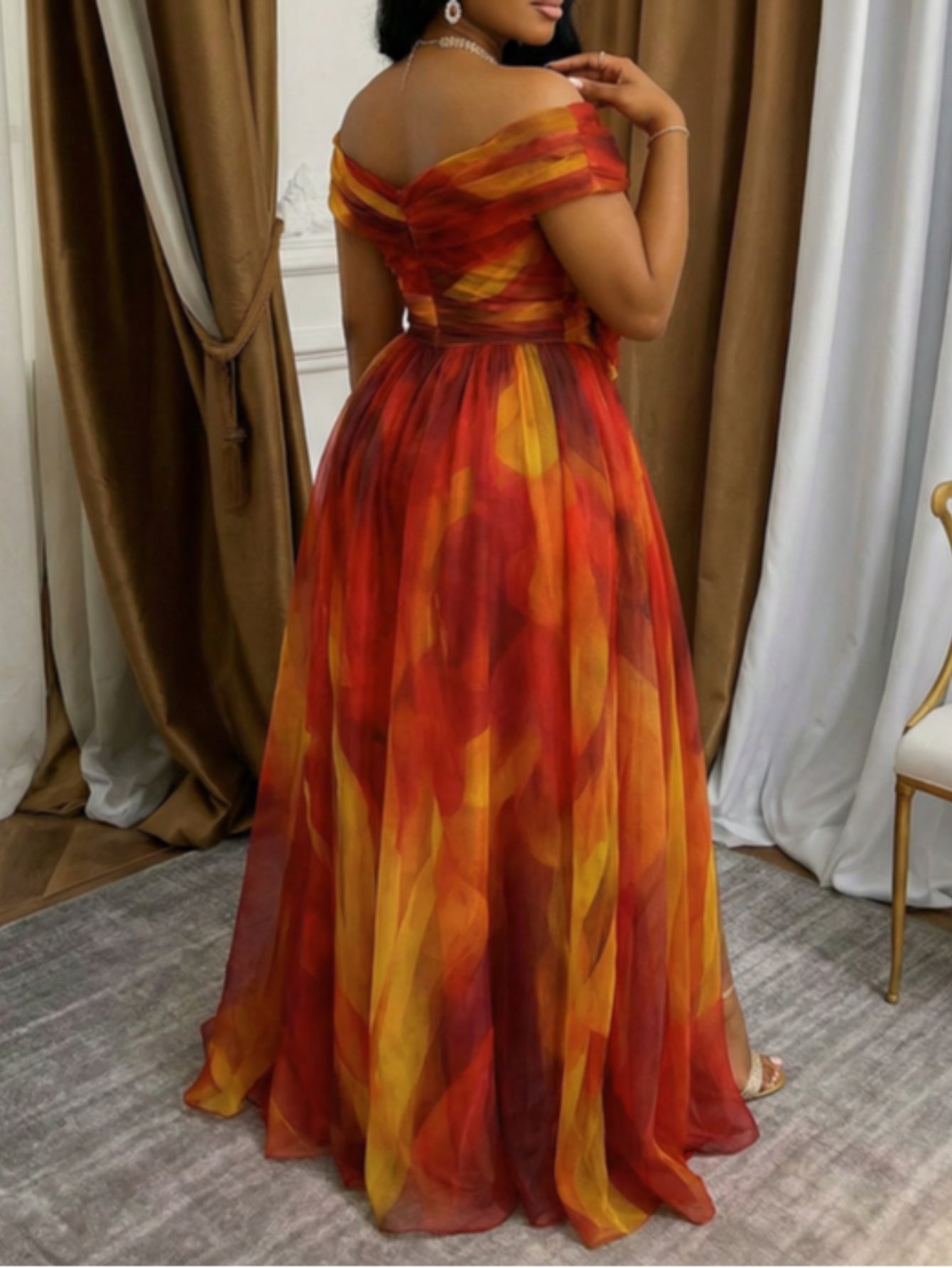 Women's Printed Off Shoulder Evening Dress - Event Style detail view