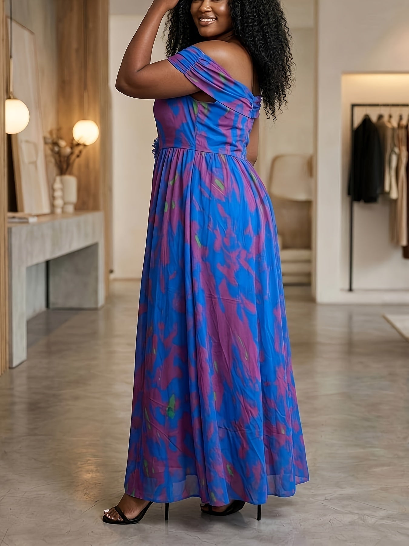 Women's Printed Off Shoulder Evening Dress - Event Style detail view