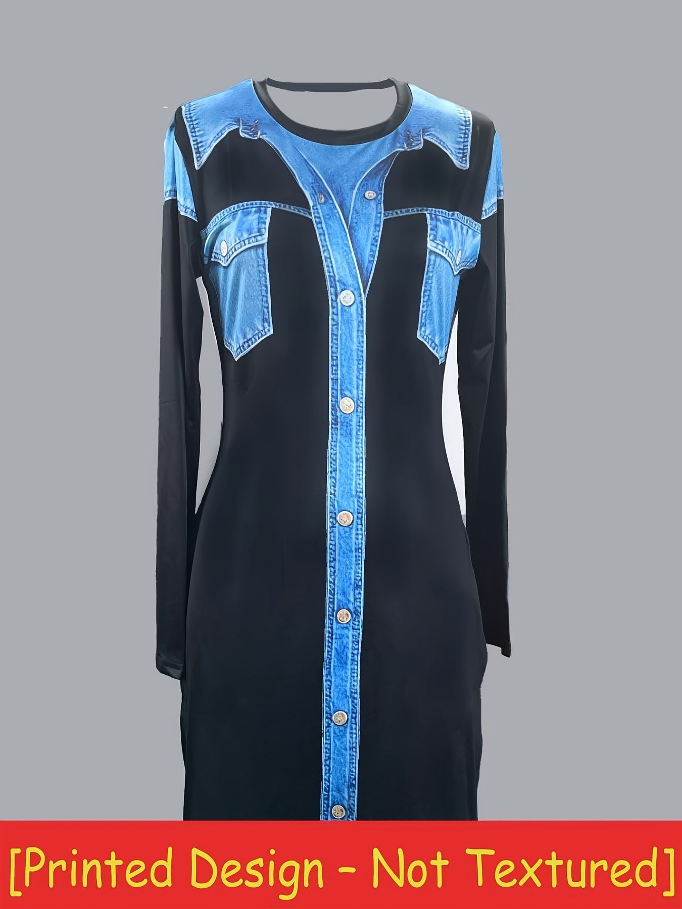 Women's Printed Slit Dress - Yellow-Brown 2D Denim Look detail view