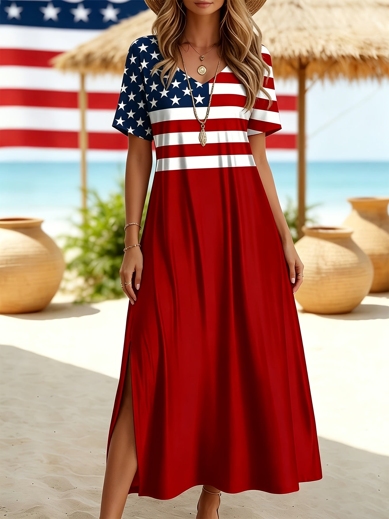 Women's Printed V-Neck Midi A-Line Dress - Short Sleeve detail view
