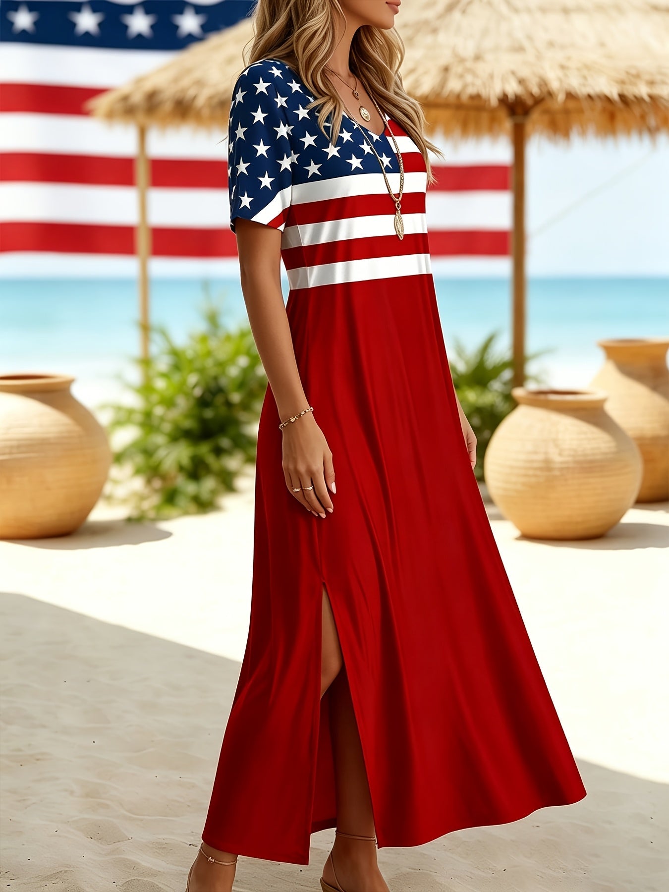 Women's Printed V-Neck Midi A-Line Dress - Short Sleeve detail view
