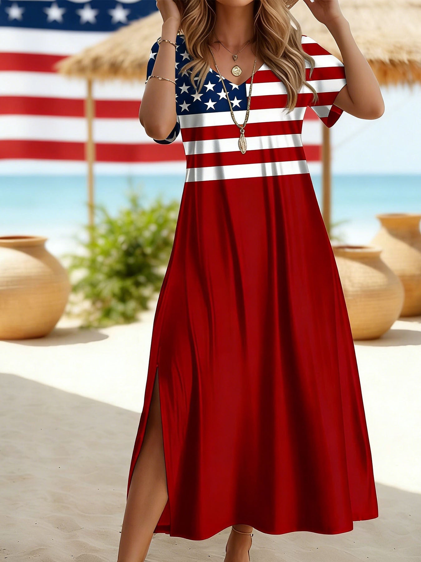 Women's Printed V-Neck Midi A-Line Dress - Short Sleeve detail view
