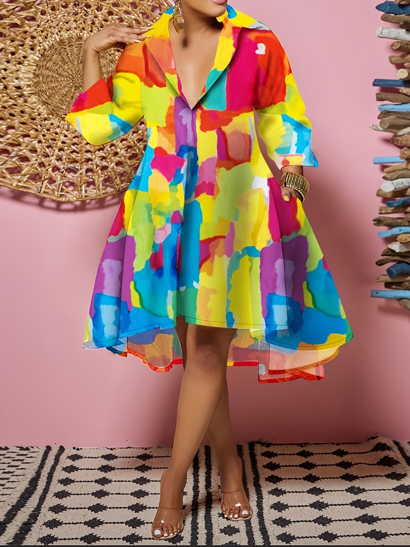 Women's Printed V-Neck Shirt Dress – main product image