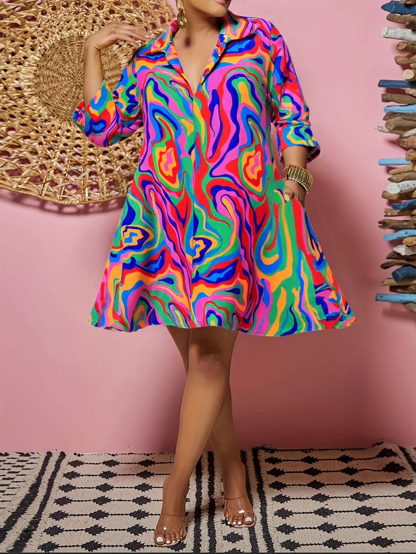 Women's Printed V-Neck Shirt Dress – view 2