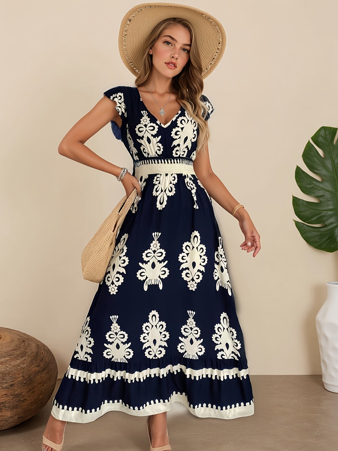 Women's Printed V-Neck Vacation Dress – Blue detail view