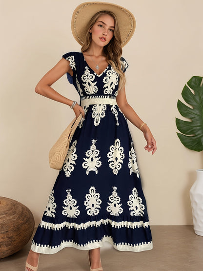 Women's Printed V-Neck Vacation Dress – Blue detail view