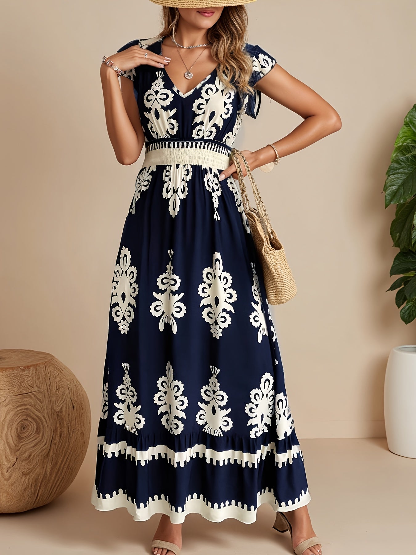 Women's Printed V-Neck Vacation Dress – Blue detail view