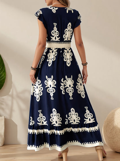 Women's Printed V-Neck Vacation Dress – Blue detail view