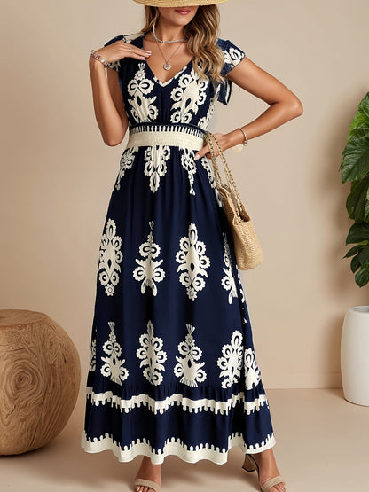Women's Printed V-Neck Vacation Dress – Blue – Blue option – main product image