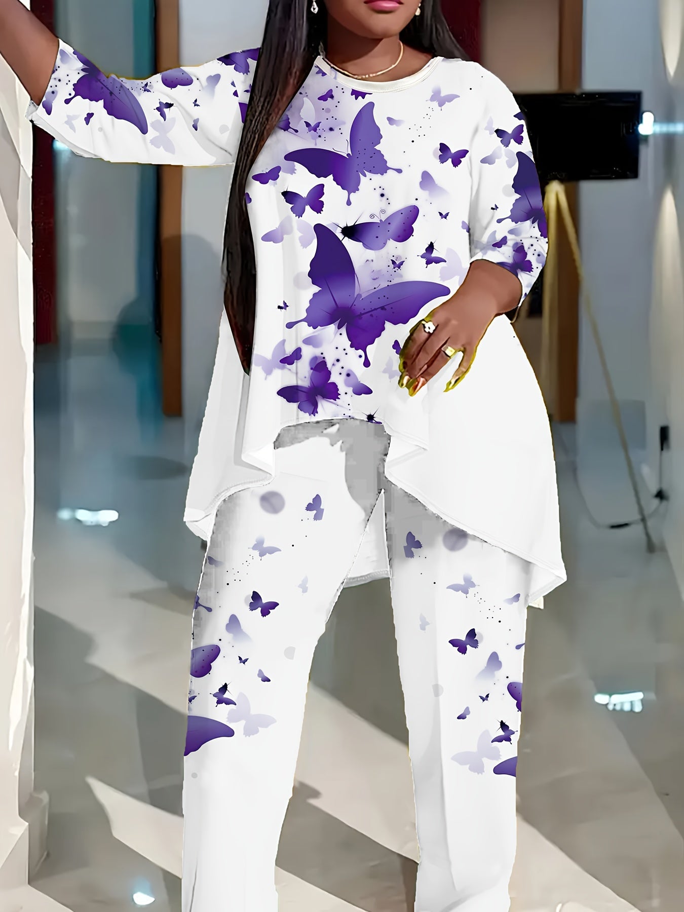 Women's Purple Butterfly Print Asymmetrical Top & Pants Set – main product image