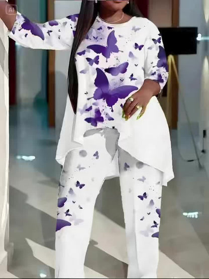 Women's Purple Butterfly Print Asymmetrical Top & Pants Set – view 2