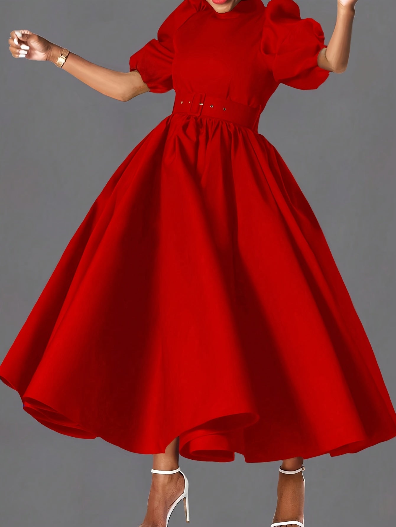 Women's Red Belted Dress – Pocket Fit and Flare Style detail view