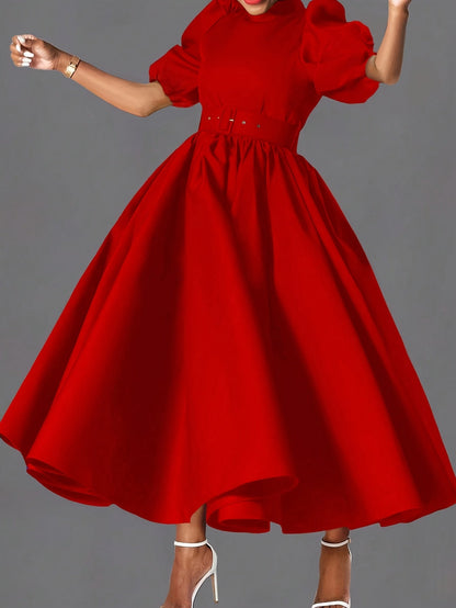 Women's Red Belted Dress – Pocket Fit and Flare Style detail view