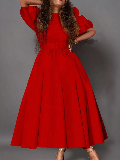 Women's Red Belted Dress – Pocket Fit and Flare Style detail view