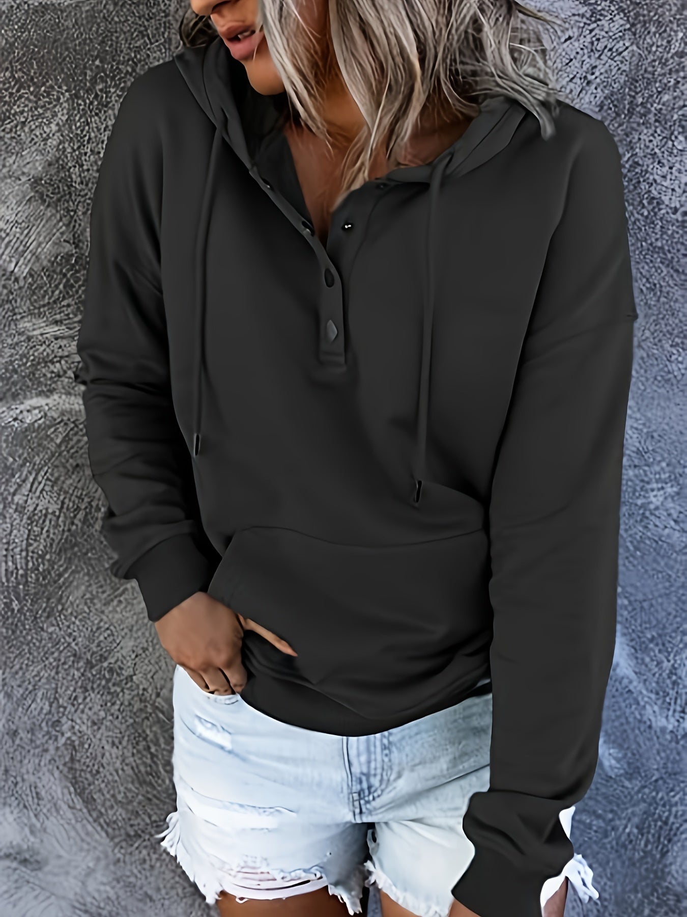 Women's Relaxed Button-Front Hoodie – Black option – view 4