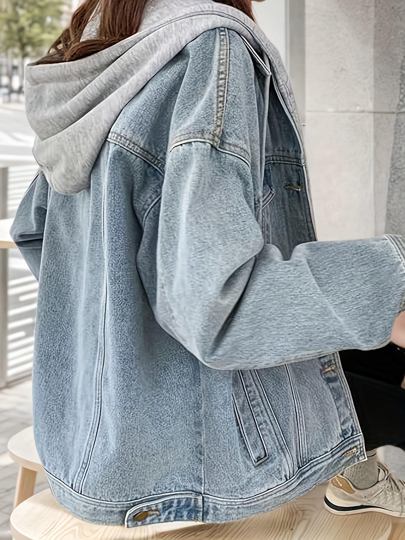 Women's Relaxed Denim Button-Front Jacket – Bright Steel Blue detail view