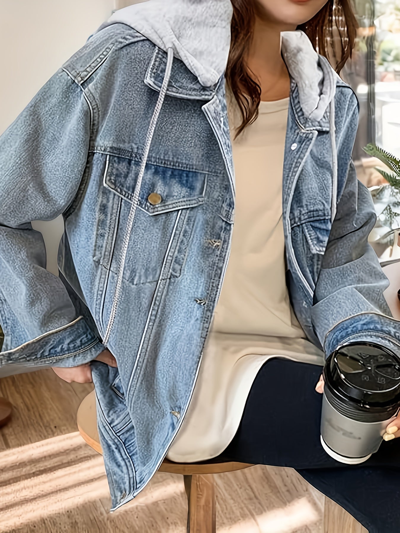 Women's Relaxed Denim Button-Front Jacket – Bright Steel Blue detail view