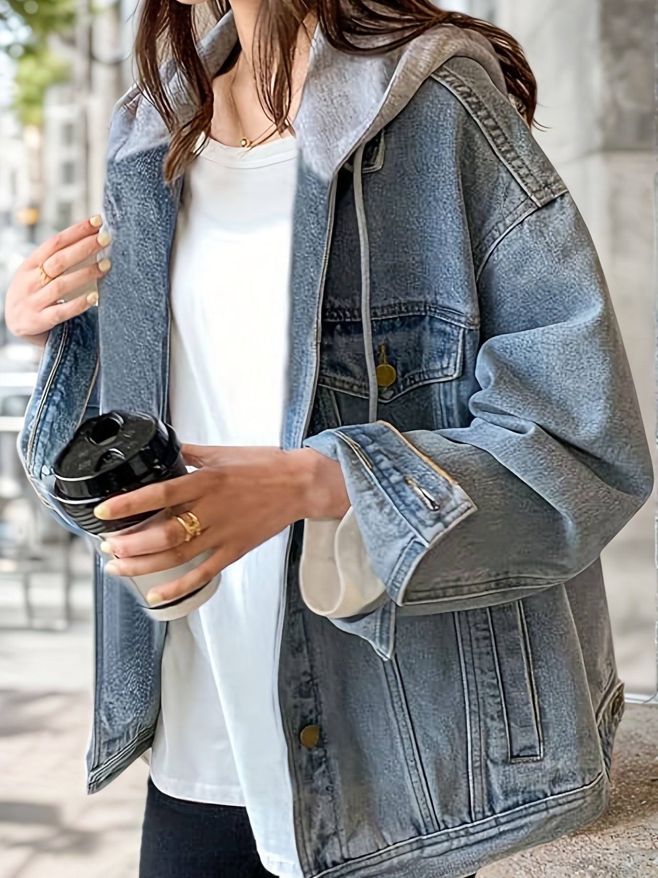Women's Relaxed Denim Button-Front Jacket – Bright Steel Blue detail view