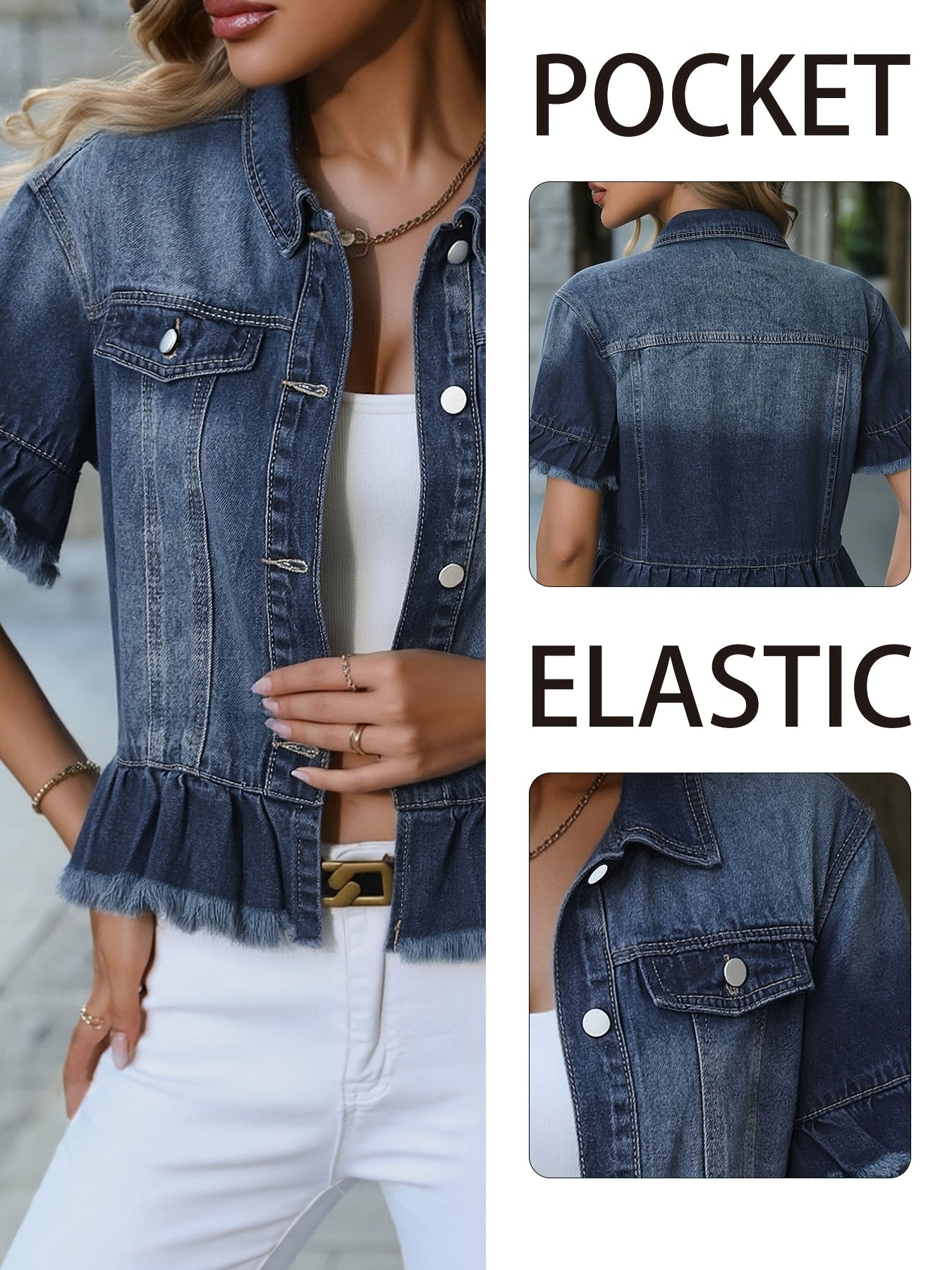 Women's Relaxed Denim Button-Front Jacket – Deep Blue detail view