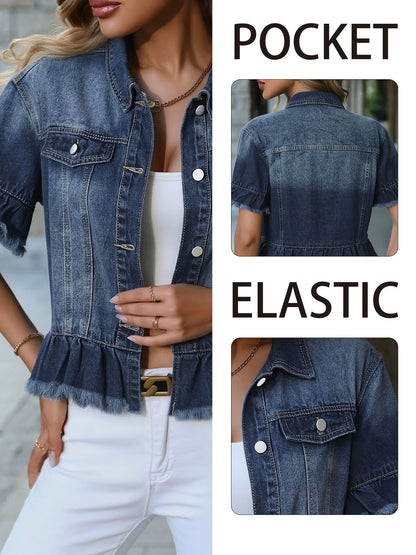 Women's Relaxed Denim Button-Front Jacket – Deep Blue detail view