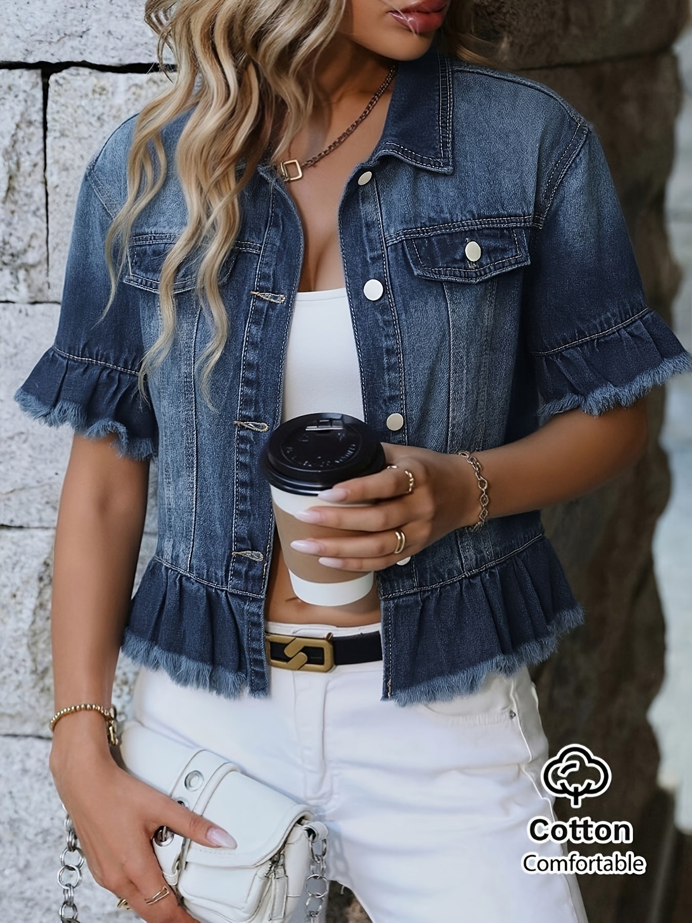 Women's Relaxed Denim Button-Front Jacket – Deep Blue detail view