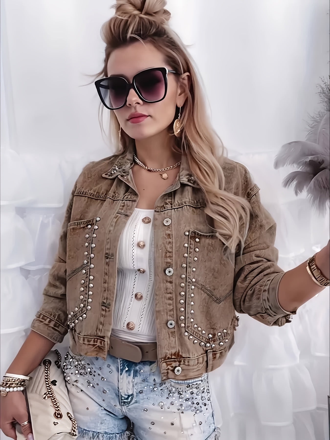 Women's Relaxed Denim Button-Front Jacket – Khaki detail view