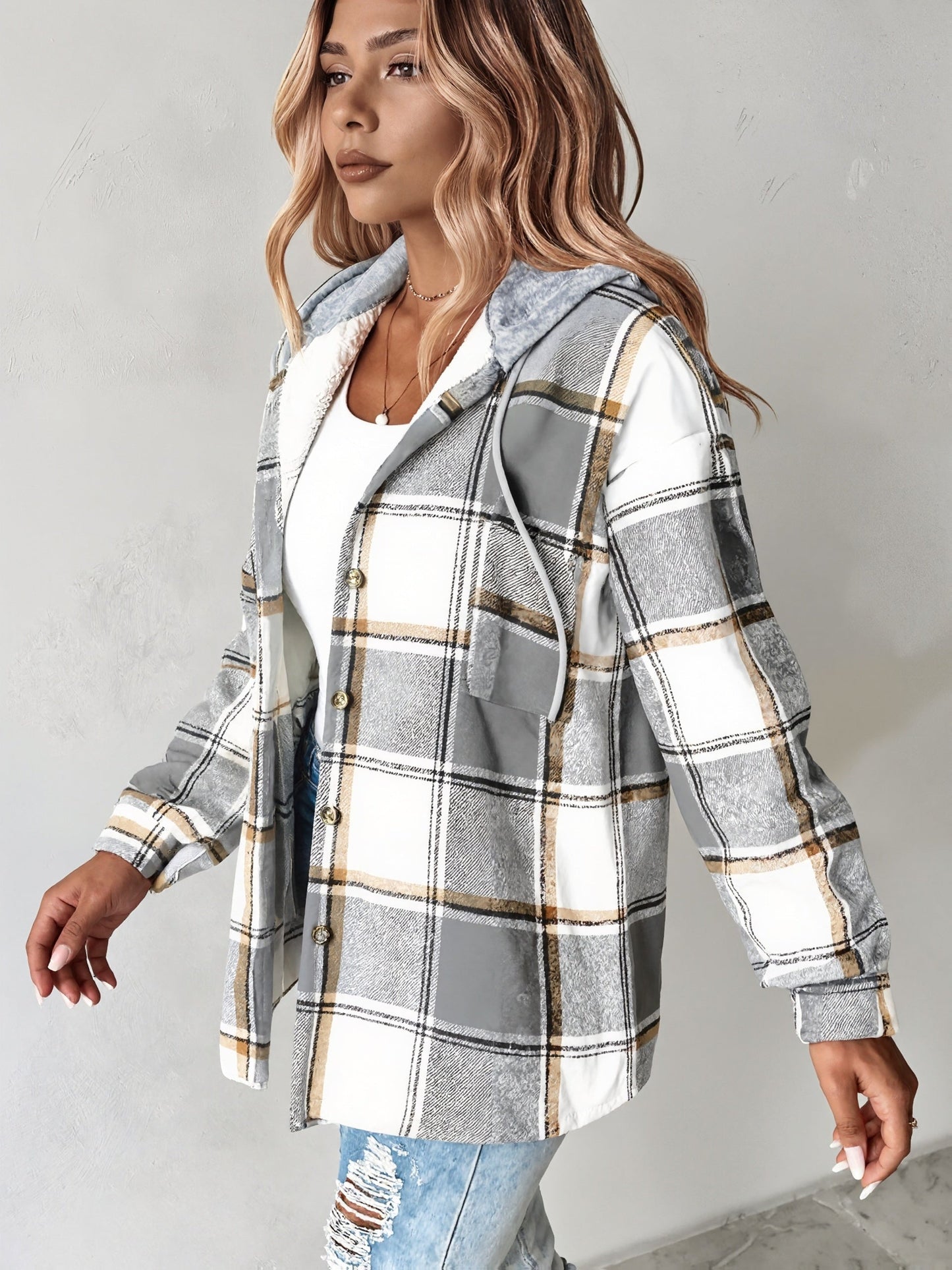 Women's Relaxed Denim Plaid Hoodie detail view