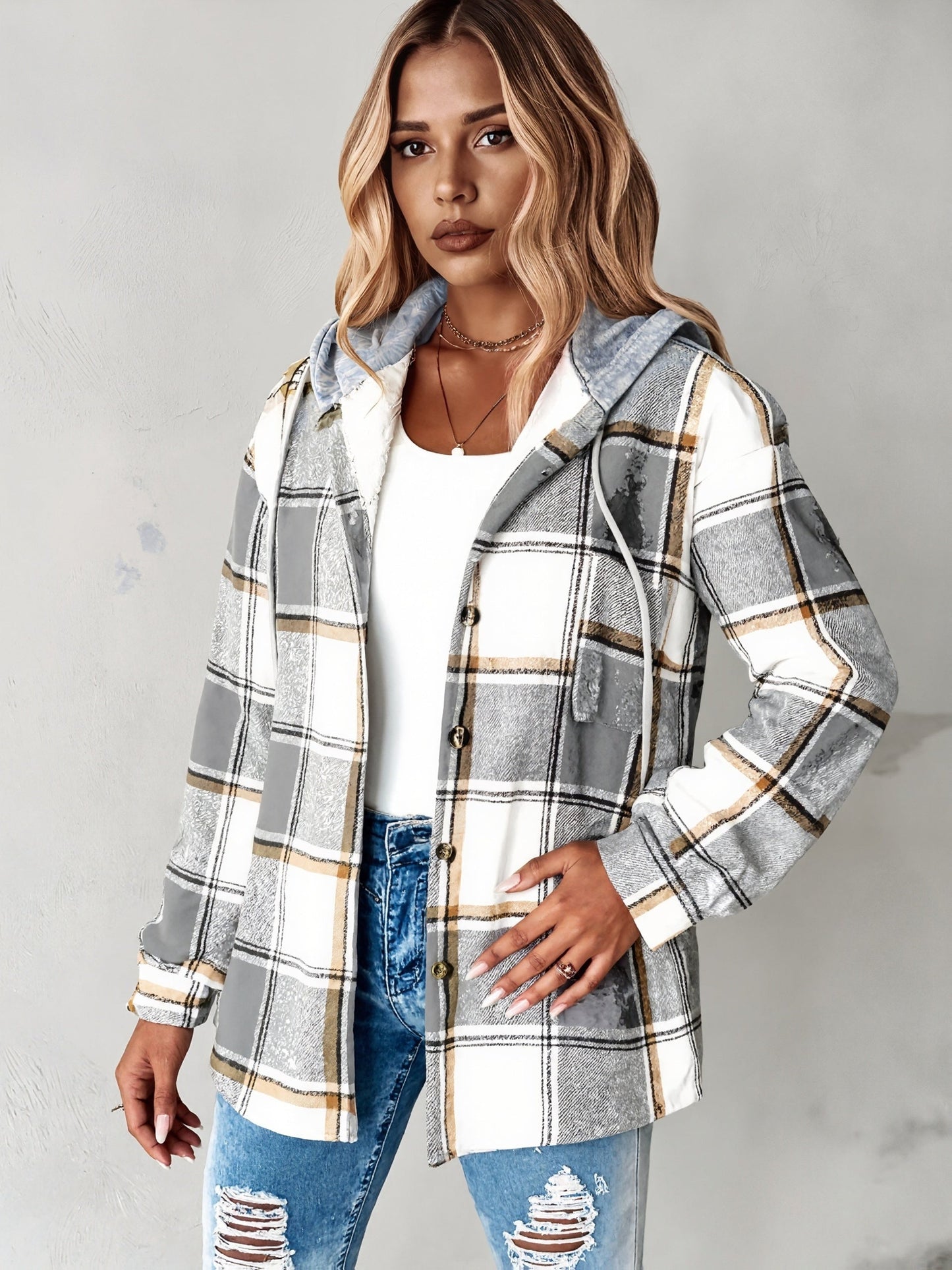 Women's Relaxed Denim Plaid Hoodie detail view