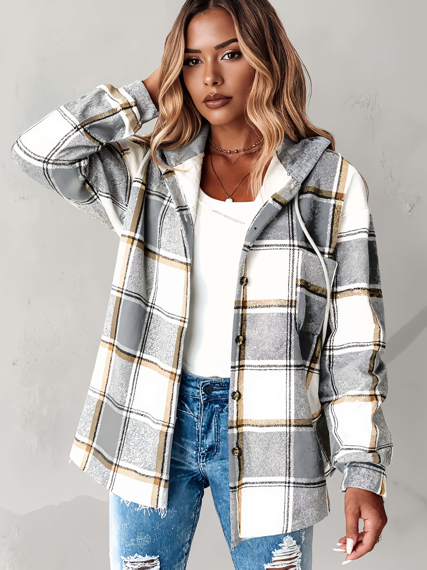 Women's Relaxed Denim Plaid Hoodie detail view