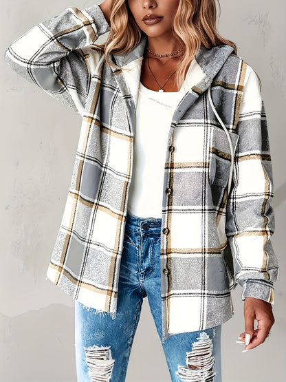 Women's Relaxed Denim Plaid Hoodie – Grey option – main product image