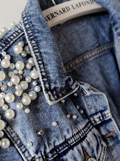 Women's Relaxed Denim Pullover Jacket – Bright Steel Blue detail view