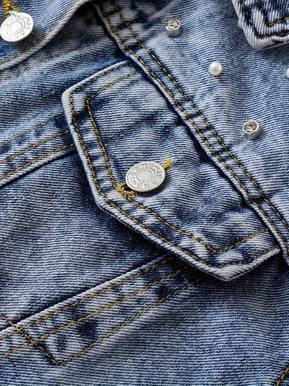 Women's Relaxed Denim Pullover Jacket – Bright Steel Blue detail view