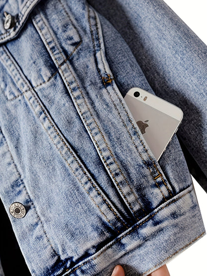 Women's Relaxed Denim Pullover Jacket – Bright Steel Blue detail view