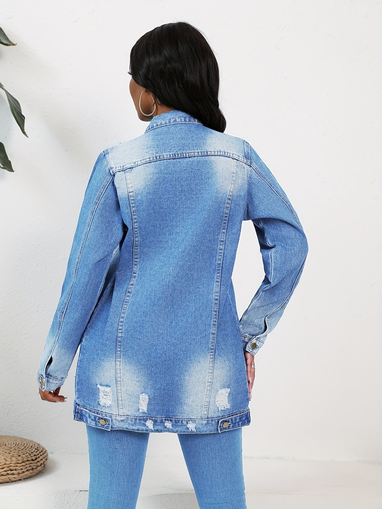 Women's Relaxed Denim Pullover Jacket – Deep Sky Blue / Light Blue detail view