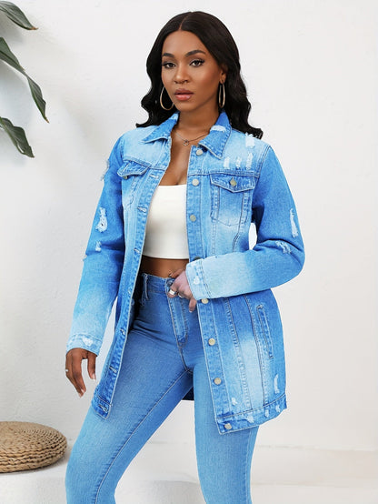 Women's Relaxed Denim Pullover Jacket – Deep Sky Blue / Light Blue detail view