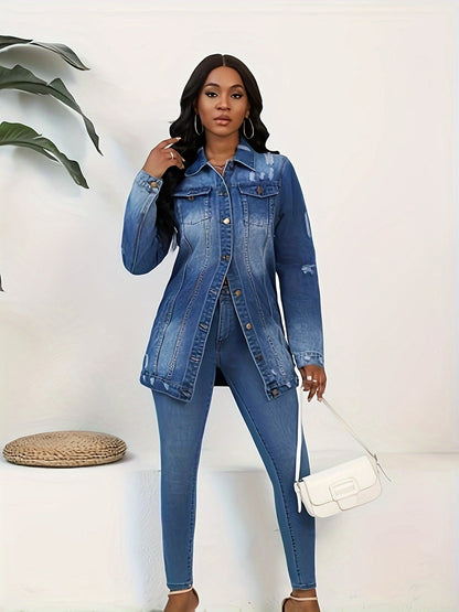 Women's Relaxed Denim Pullover Jacket – Deep Sky Blue / Light Blue detail view