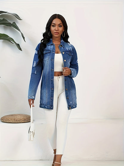 Women's Relaxed Denim Pullover Jacket – Deep Sky Blue / Light Blue detail view