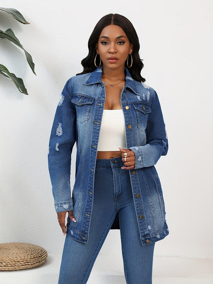 Women's Relaxed Denim Pullover Jacket – Deep Sky Blue / Light Blue detail view