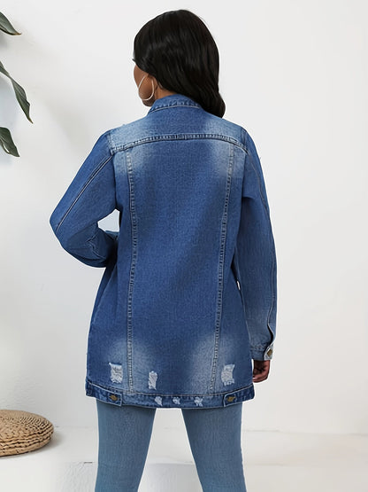 Women's Relaxed Denim Pullover Jacket – Deep Sky Blue / Light Blue detail view