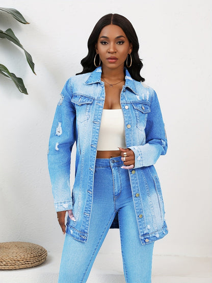 Women's Relaxed Denim Pullover Jacket – Deep Sky Blue / Light Blue detail view
