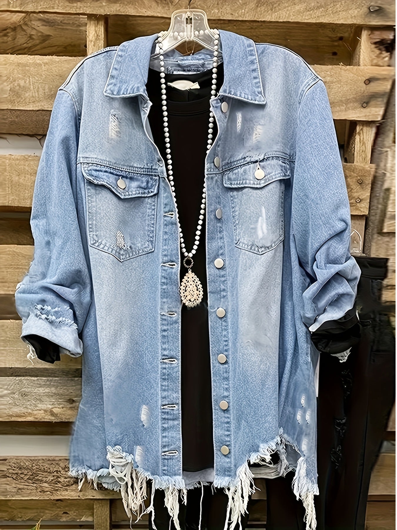 Women's Relaxed Denim Pullover Jacket – Light Blue detail view
