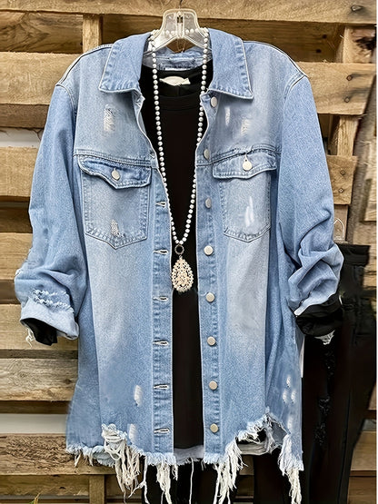 Women's Relaxed Denim Pullover Jacket – Light Blue detail view