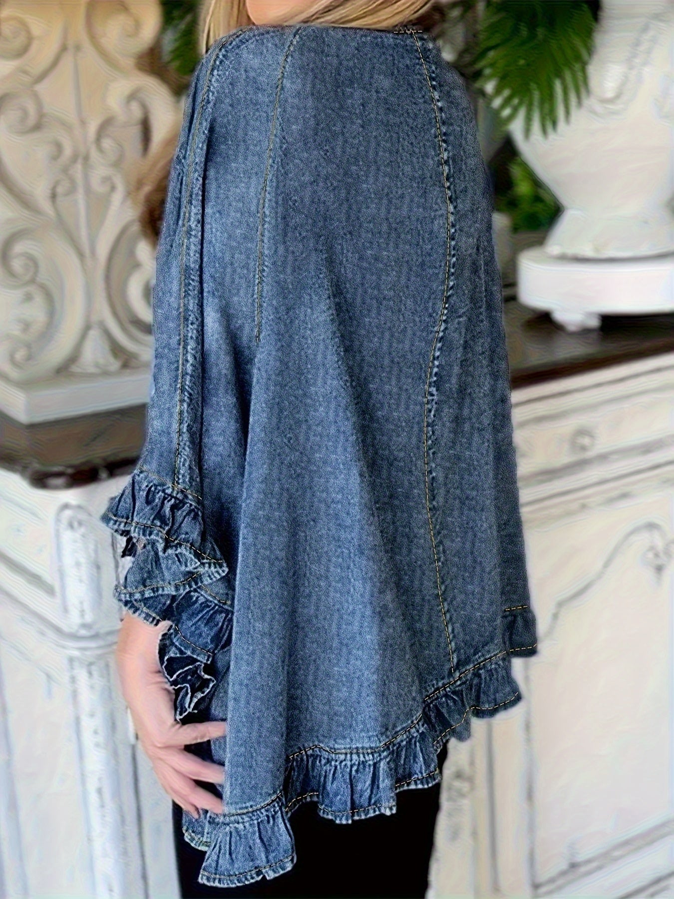 Women's Relaxed Denim Pullover Jacket – Medium Blue detail view