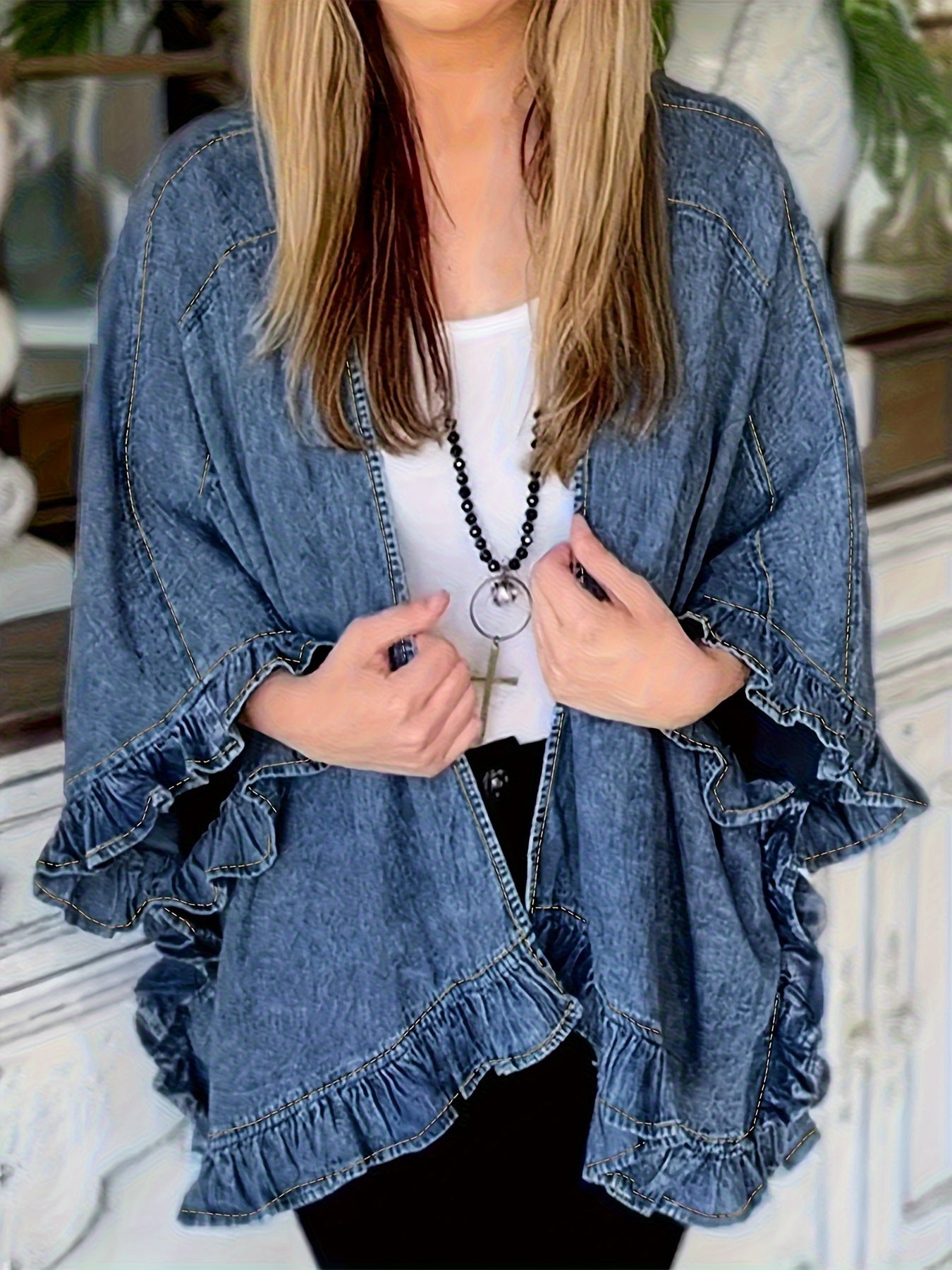 Women's Relaxed Denim Pullover Jacket – Medium Blue detail view