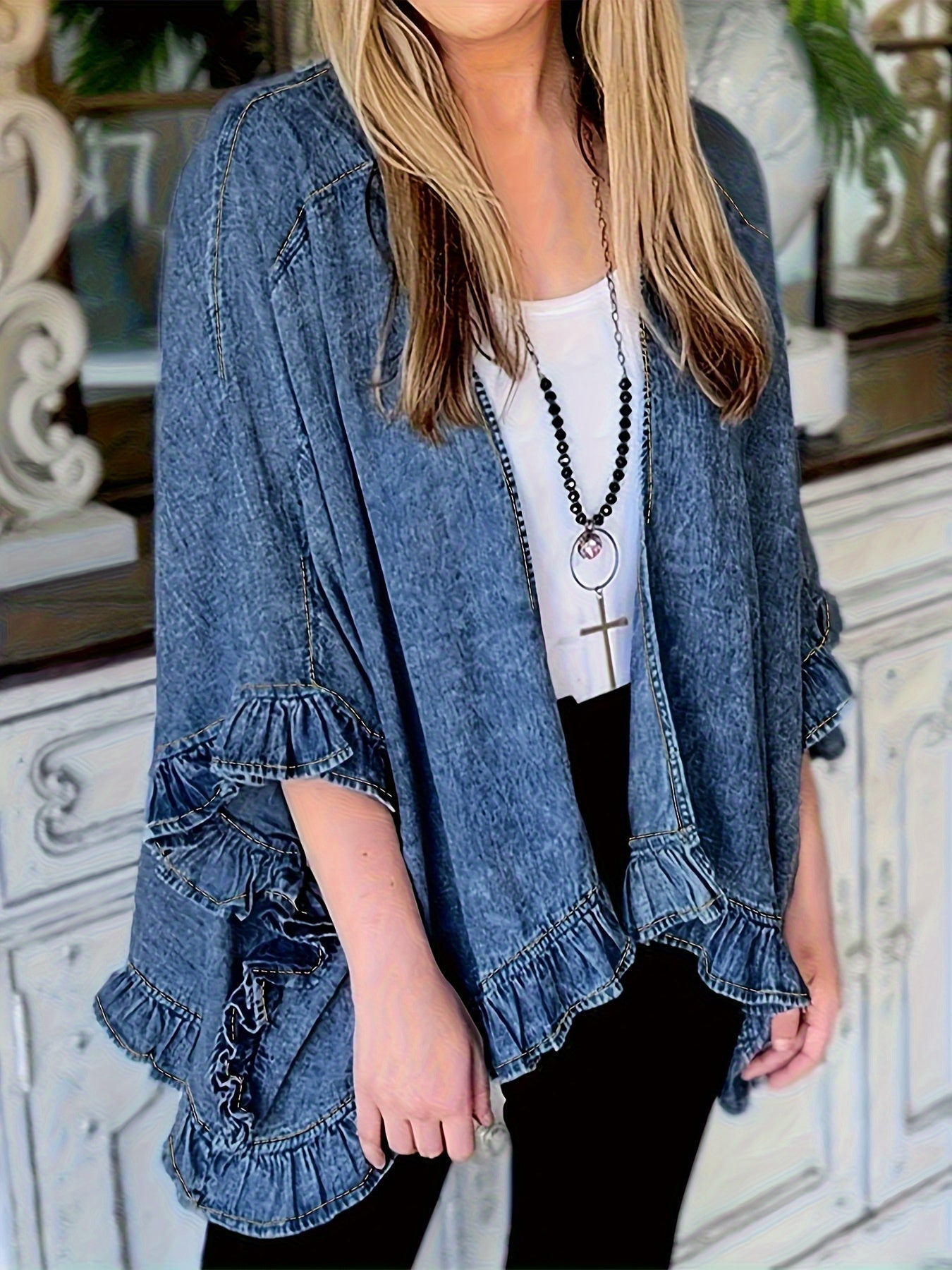 Women's Relaxed Denim Pullover Jacket – Medium Blue detail view