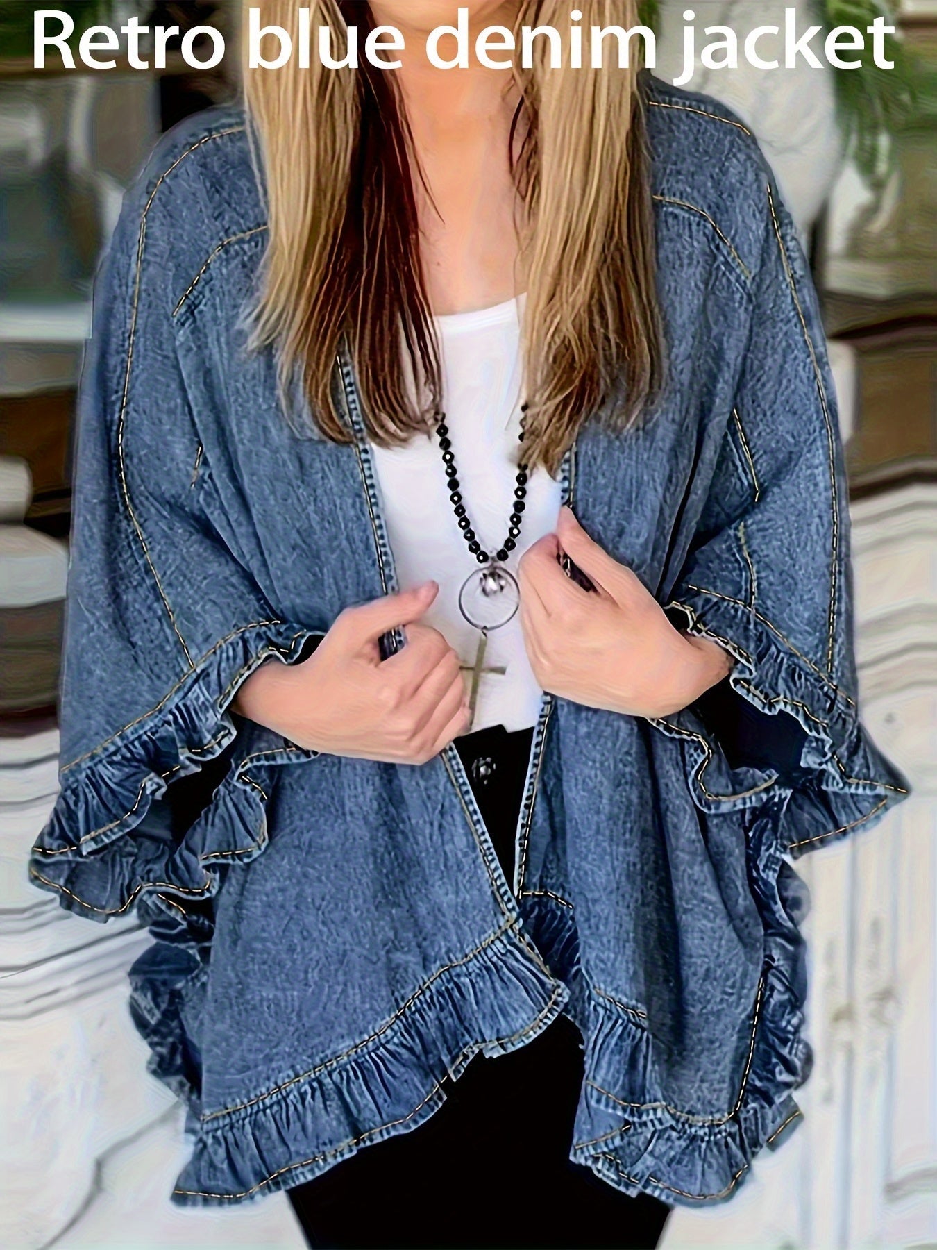 Women's Relaxed Denim Pullover Jacket – Medium Blue detail view
