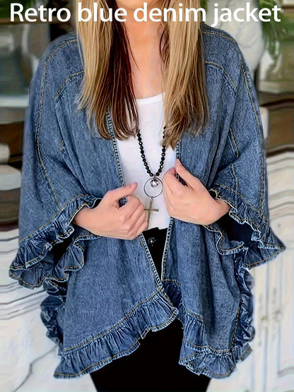Women's Relaxed Denim Pullover Jacket – Medium Blue detail view